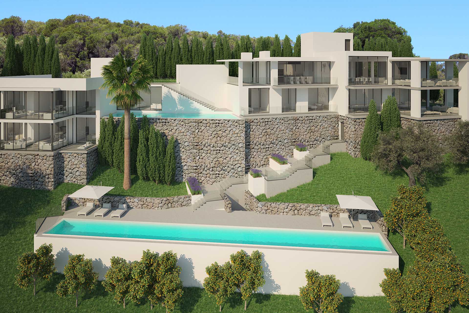 Outdoor area with various terraces and two pools