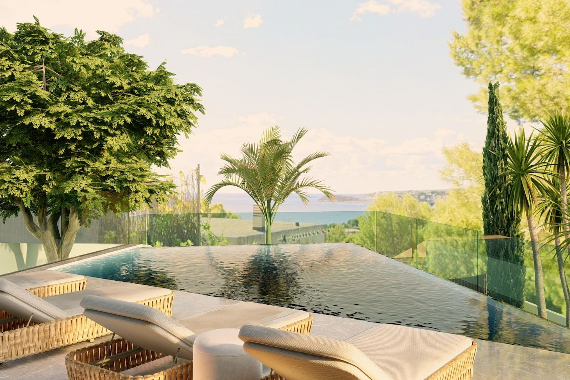 Terrasse und Poolbereich mit Meerblick